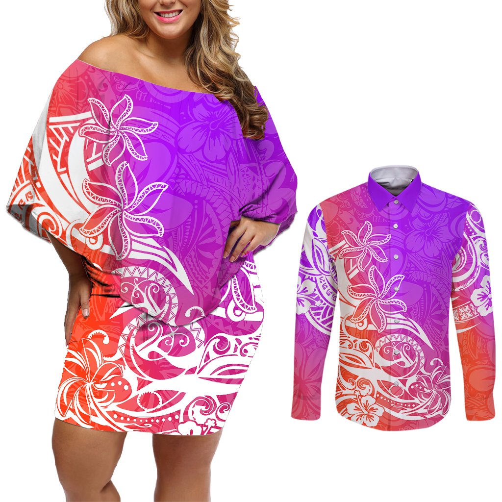 Polynesian Sunset Plumeria Couples Matching Off Shoulder Short Dress and Long Sleeve Button Shirts Pacific Island Tribal Purple Style LT9 Purple - Polynesian Pride
