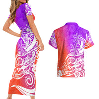 Polynesian Sunset Plumeria Couples Matching Short Sleeve Bodycon Dress and Hawaiian Shirt Pacific Island Tribal Purple Style LT9 - Polynesian Pride