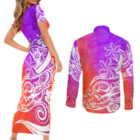 Polynesian Sunset Plumeria Couples Matching Short Sleeve Bodycon Dress and Long Sleeve Button Shirts Pacific Island Tribal Purple Style LT9 - Polynesian Pride
