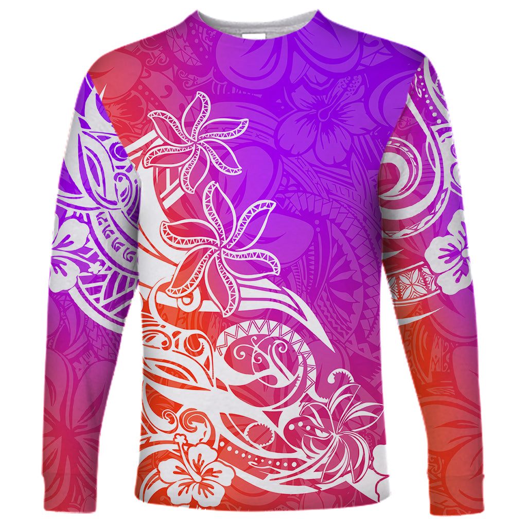 Polynesian Sunset Plumeria Long Sleeve Shirt Pacific Island Tribal Purple Style LT9 Unisex Purple - Polynesian Pride