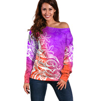 Polynesian Sunset Plumeria Off Shoulder Sweater Pacific Island Tribal Purple Style LT9 Women Purple - Polynesian Pride