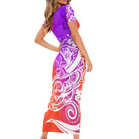 Polynesian Sunset Plumeria Short Sleeve Bodycon Dress Pacific Island Tribal Purple Style LT9 - Polynesian Pride