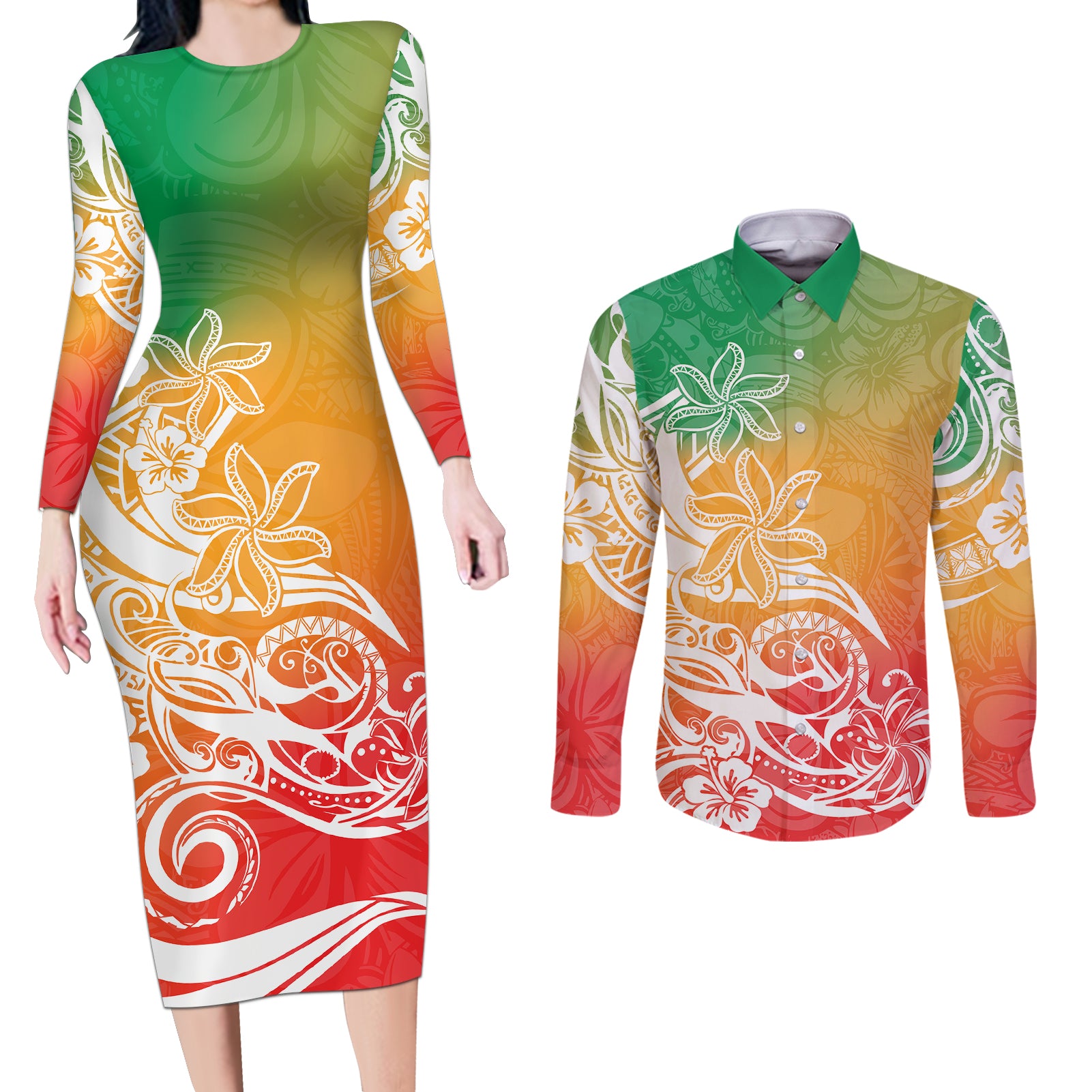 Polynesian Sunset Plumeria Couples Matching Long Sleeve Bodycon Dress and Long Sleeve Button Shirts Pacific Island Tribal Reggae Style LT9 Reggae - Polynesian Pride