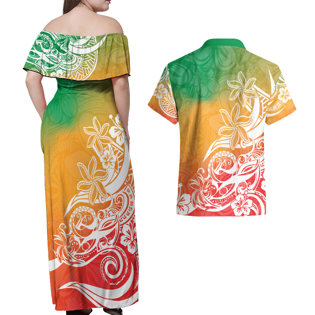 Polynesian Sunset Plumeria Couples Matching Off Shoulder Maxi Dress and Hawaiian Shirt Pacific Island Tribal Reggae Style LT9 - Polynesian Pride
