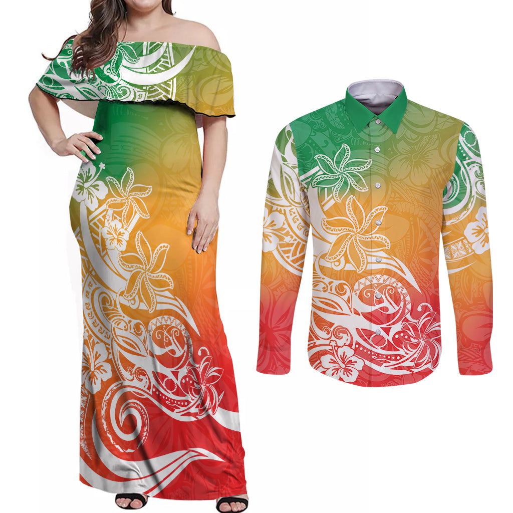 Polynesian Sunset Plumeria Couples Matching Off Shoulder Maxi Dress and Long Sleeve Button Shirts Pacific Island Tribal Reggae Style LT9 Reggae - Polynesian Pride