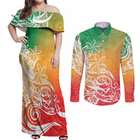 Polynesian Sunset Plumeria Couples Matching Off Shoulder Maxi Dress and Long Sleeve Button Shirts Pacific Island Tribal Reggae Style LT9 Reggae - Polynesian Pride