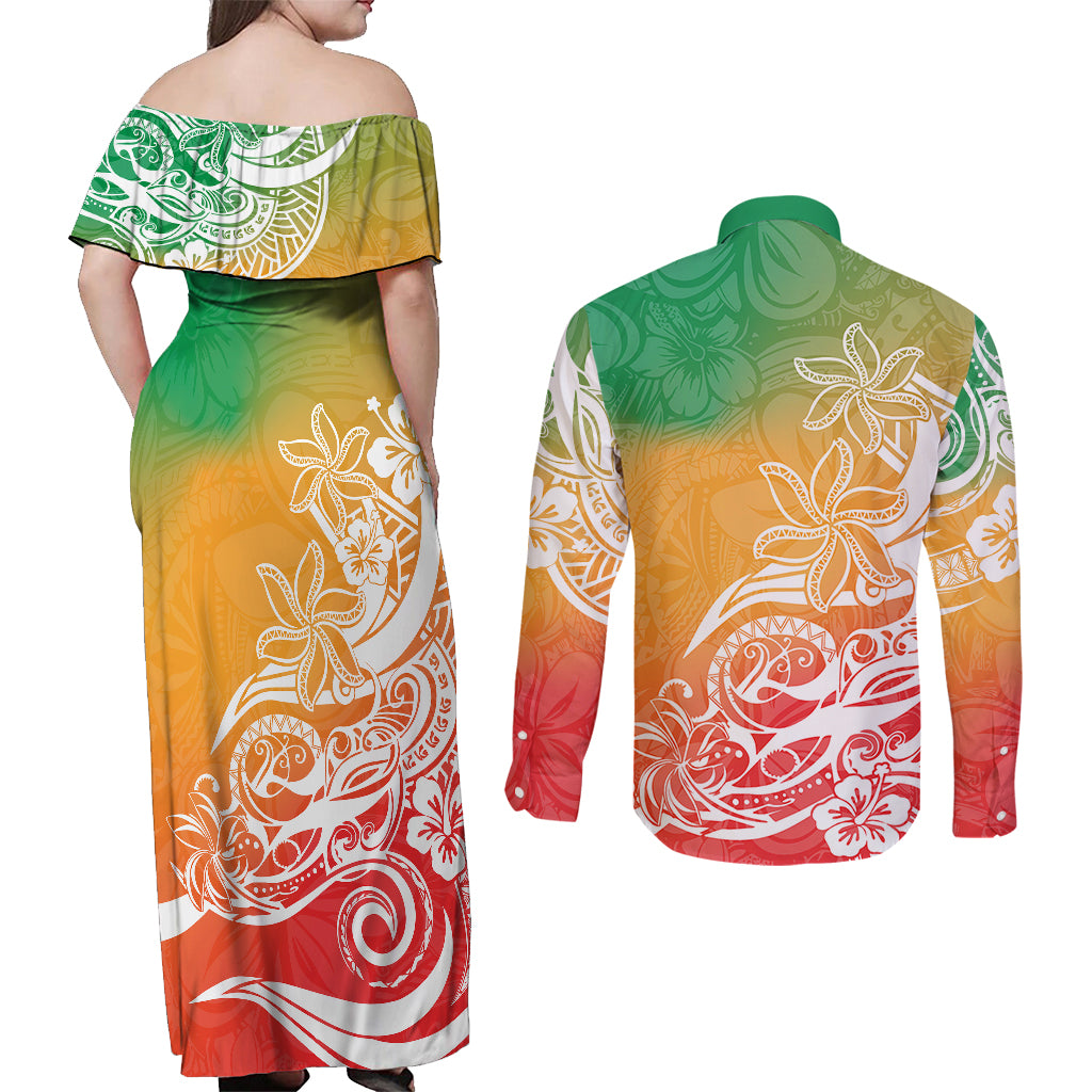Polynesian Sunset Plumeria Couples Matching Off Shoulder Maxi Dress and Long Sleeve Button Shirts Pacific Island Tribal Reggae Style LT9 - Polynesian Pride