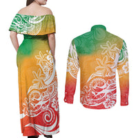 Polynesian Sunset Plumeria Couples Matching Off Shoulder Maxi Dress and Long Sleeve Button Shirts Pacific Island Tribal Reggae Style LT9 - Polynesian Pride