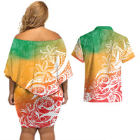 Polynesian Sunset Plumeria Couples Matching Off Shoulder Short Dress and Hawaiian Shirt Pacific Island Tribal Reggae Style LT9 - Polynesian Pride