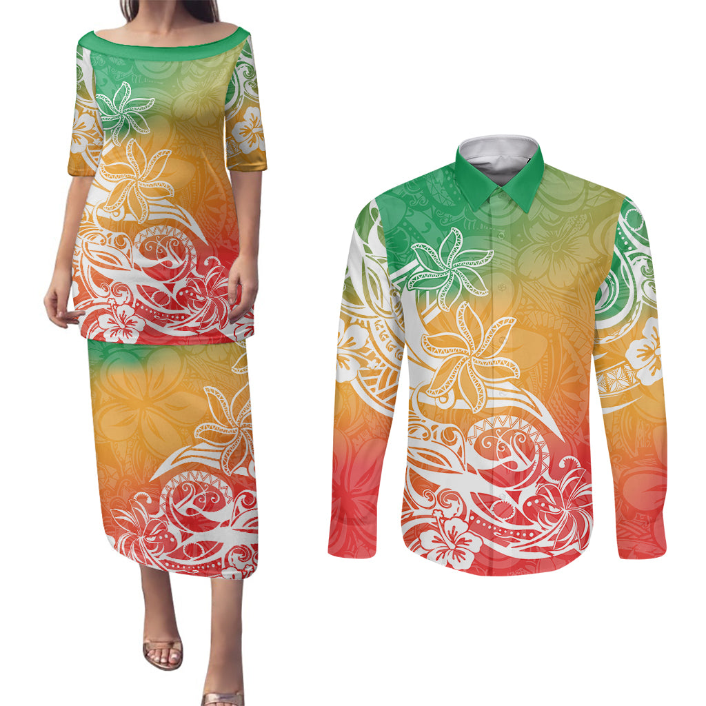 Polynesian Sunset Plumeria Couples Matching Puletasi Dress and Long Sleeve Button Shirts Pacific Island Tribal Reggae Style LT9 Reggae - Polynesian Pride