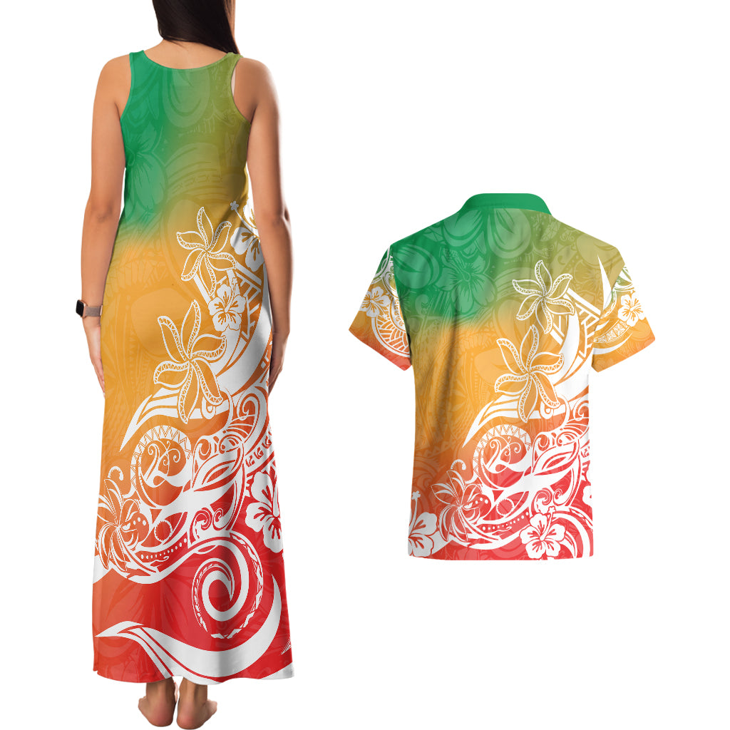 Polynesian Sunset Plumeria Couples Matching Tank Maxi Dress and Hawaiian Shirt Pacific Island Tribal Reggae Style LT9 - Polynesian Pride