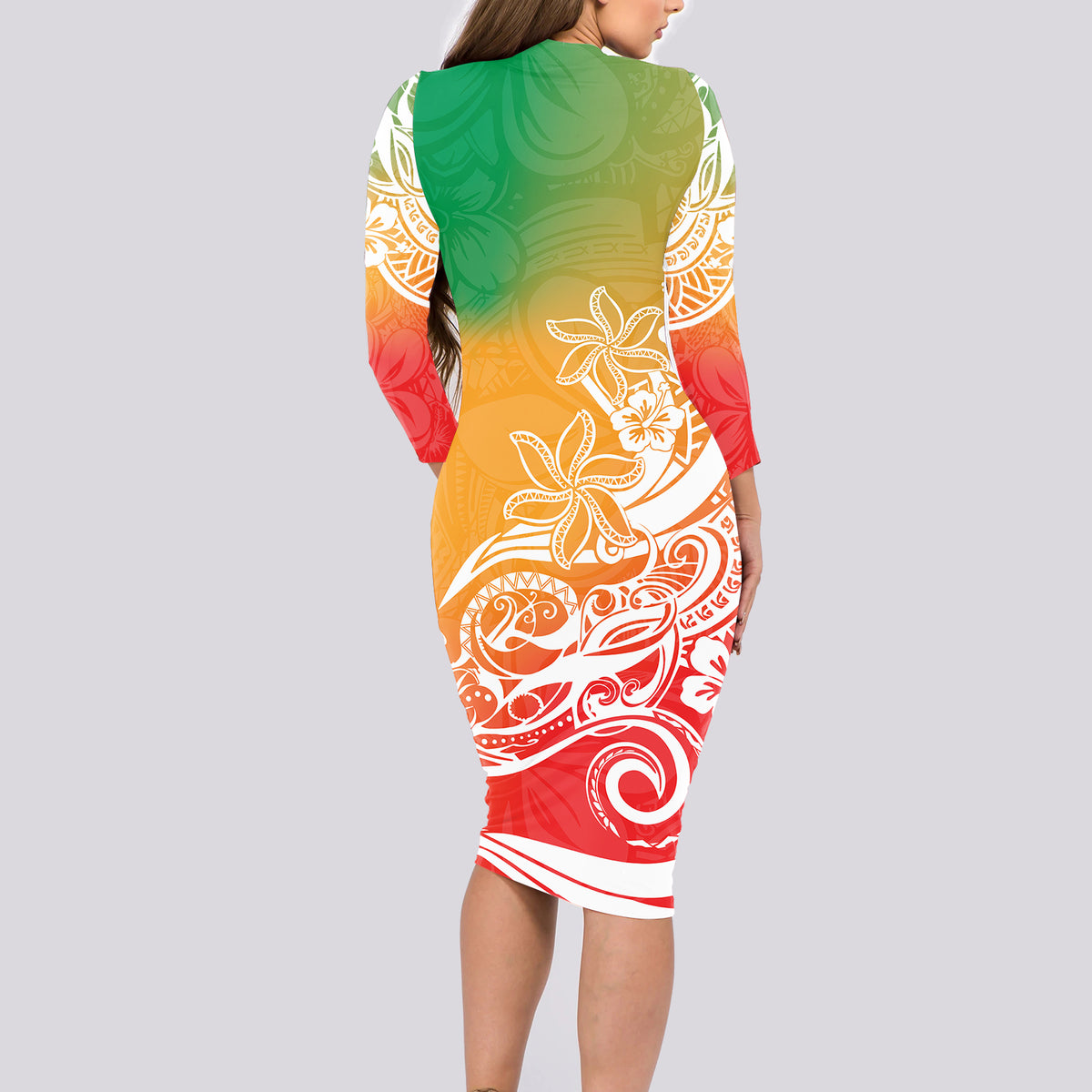 Polynesian Sunset Plumeria Long Sleeve Bodycon Dress Pacific Island Tribal Reggae Style LT9 - Polynesian Pride