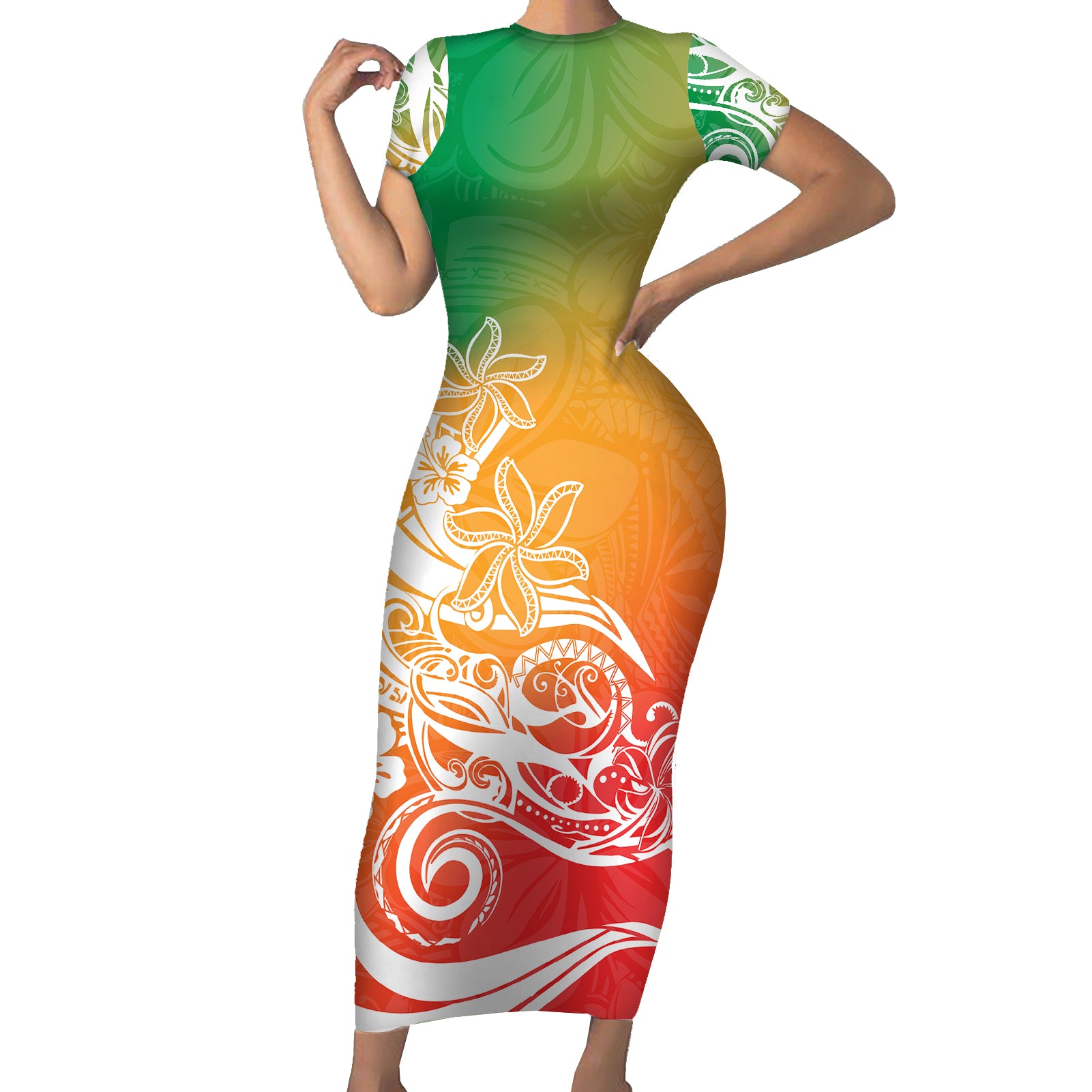 Polynesian Sunset Plumeria Short Sleeve Bodycon Dress Pacific Island Tribal Reggae Style LT9 Long Dress Reggae - Polynesian Pride