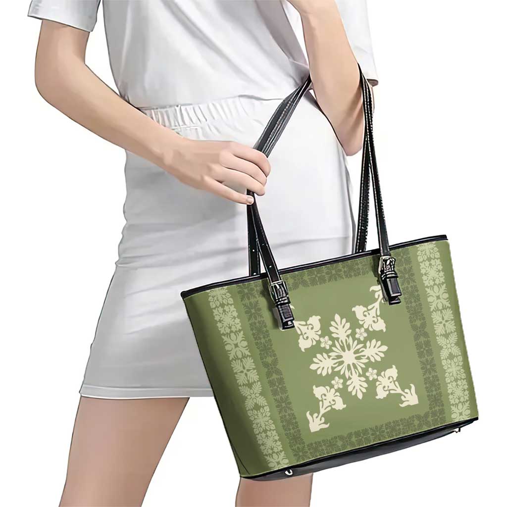 Hawaiian Quilt Block Design Leather Tote Bag Lime Hawaii Culture Motifs - Polynesian Pride