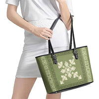 Hawaiian Quilt Block Design Leather Tote Bag Lime Hawaii Culture Motifs - Polynesian Pride