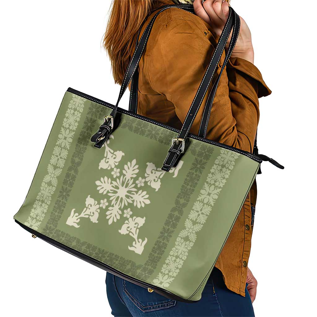 Hawaiian Quilt Block Design Leather Tote Bag Lime Hawaii Culture Motifs - Polynesian Pride