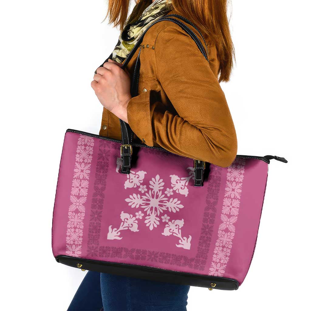 Hawaiian Quilt Block Design Leather Tote Bag Pink Hawaii Culture Motifs - Polynesian Pride