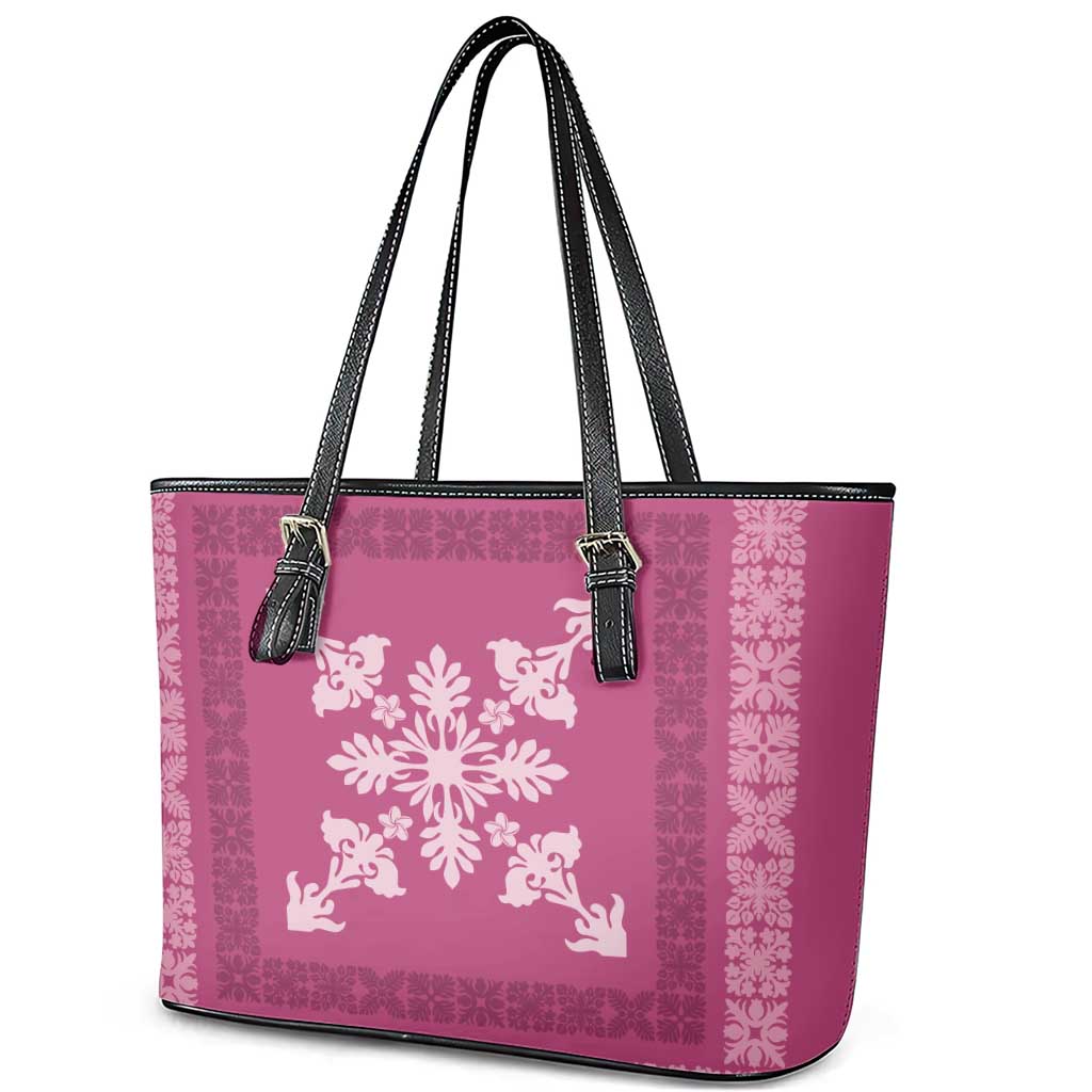 Hawaiian Quilt Block Design Leather Tote Bag Pink Hawaii Culture Motifs - Polynesian Pride
