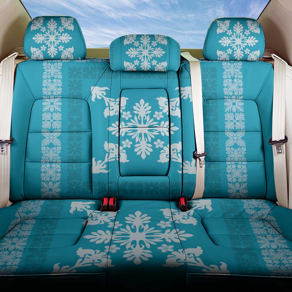 Hawaiian Quilt Block Design Back Car Seat Cover Teal Hawaii Culture Motifs - Polynesian Pride