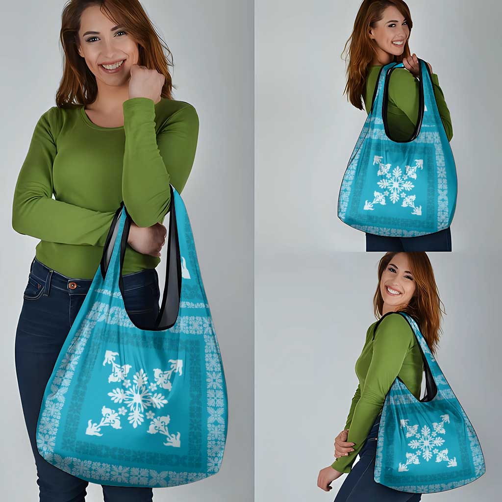 Hawaiian Quilt Block Design Grocery Bag Teal Hawaii Culture Motifs - Polynesian Pride