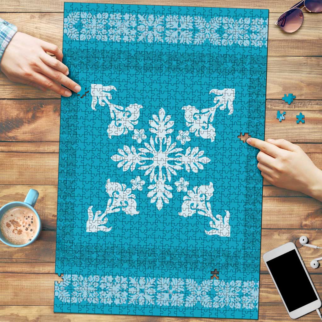 Hawaiian Quilt Block Design Puzzle Teal Hawaii Culture Motifs - Polynesian Pride