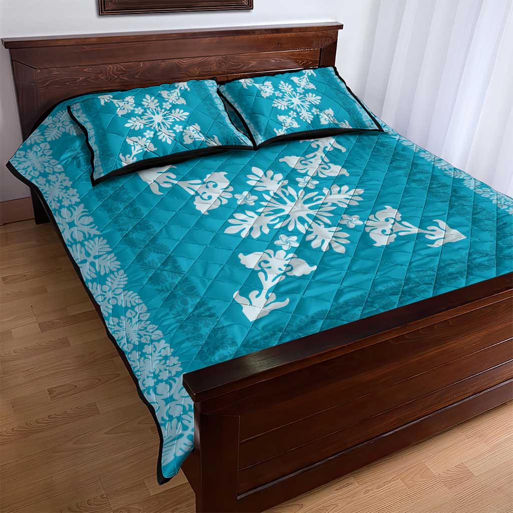 Hawaiian Quilt Block Design Quilt Bed Set Teal Hawaii Culture Motifs - Polynesian Pride
