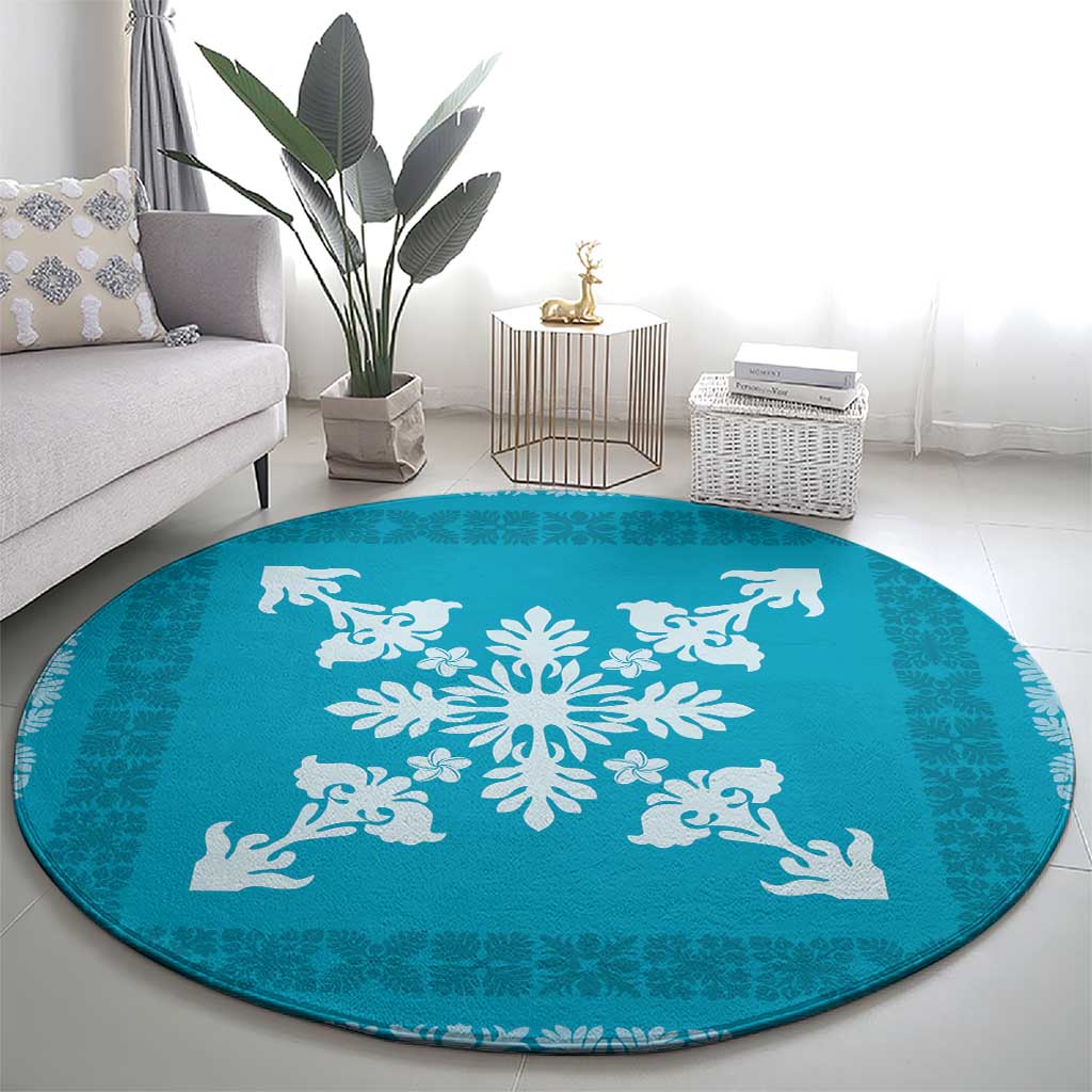 Hawaiian Quilt Block Design Round Carpet Teal Hawaii Culture Motifs - Polynesian Pride