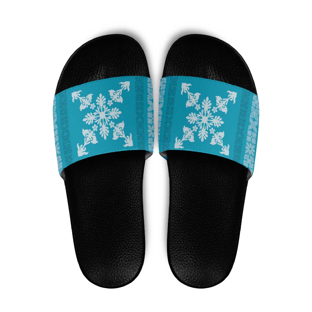 Hawaiian Quilt Block Design Slide Sandals Teal Hawaii Culture Motifs - Polynesian Pride