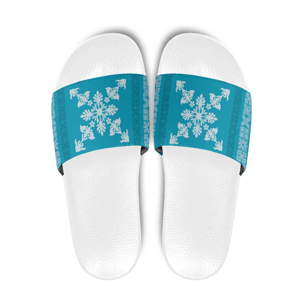 Hawaiian Quilt Block Design Slide Sandals Teal Hawaii Culture Motifs - Polynesian Pride