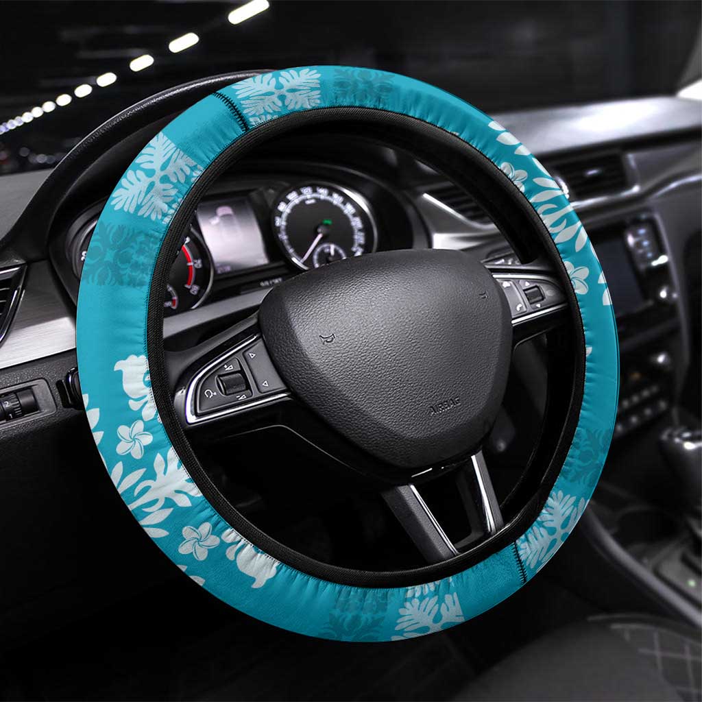 Hawaiian Quilt Block Design Steering Wheel Cover Teal Hawaii Culture Motifs - Polynesian Pride
