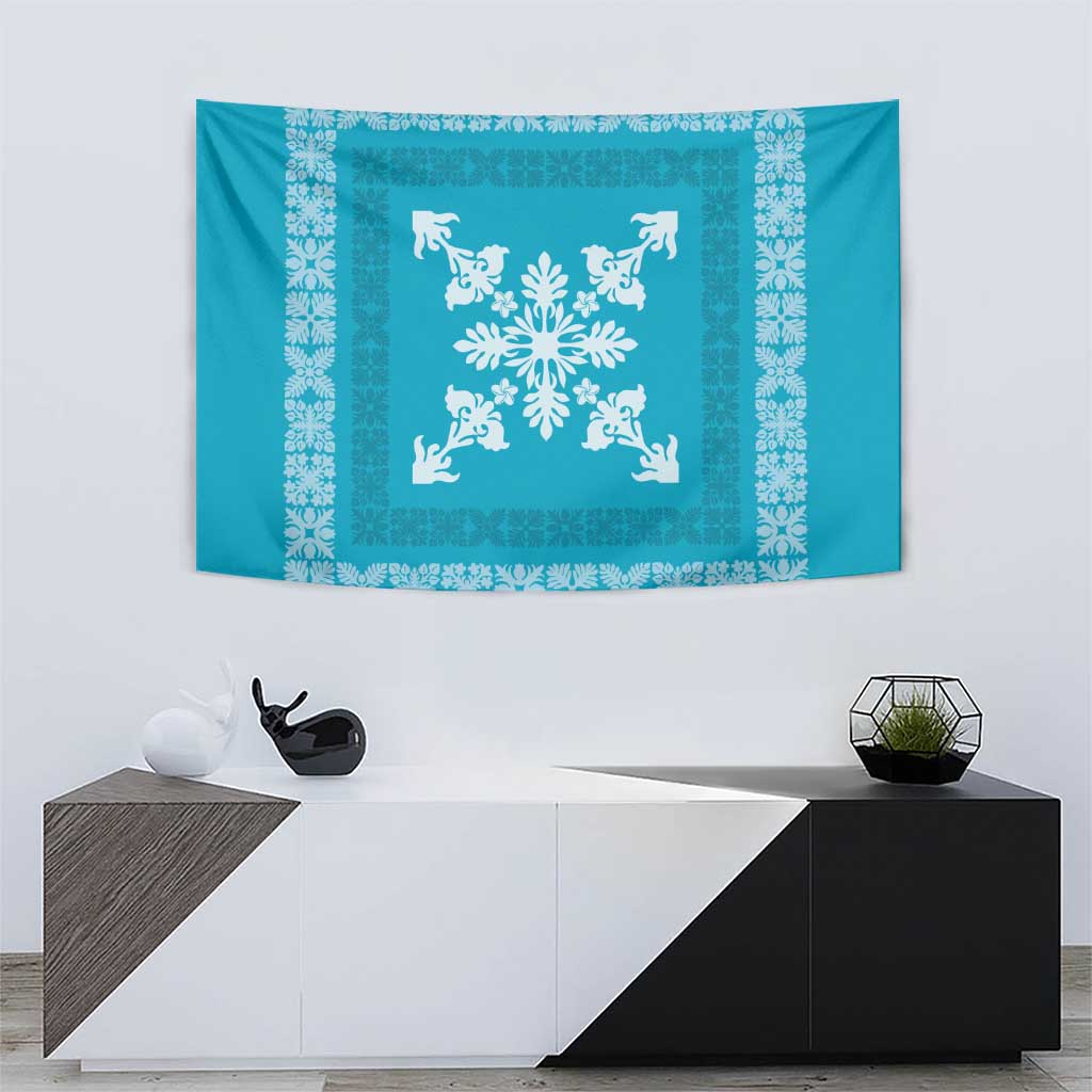 Hawaiian Quilt Block Design Tapestry Teal Hawaii Culture Motifs - Polynesian Pride