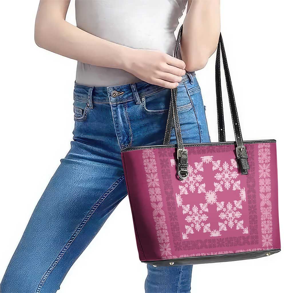 Hawaiian Quilt Pattern Leather Tote Bag Pink Hawaii Culture Tropical - Polynesian Pride