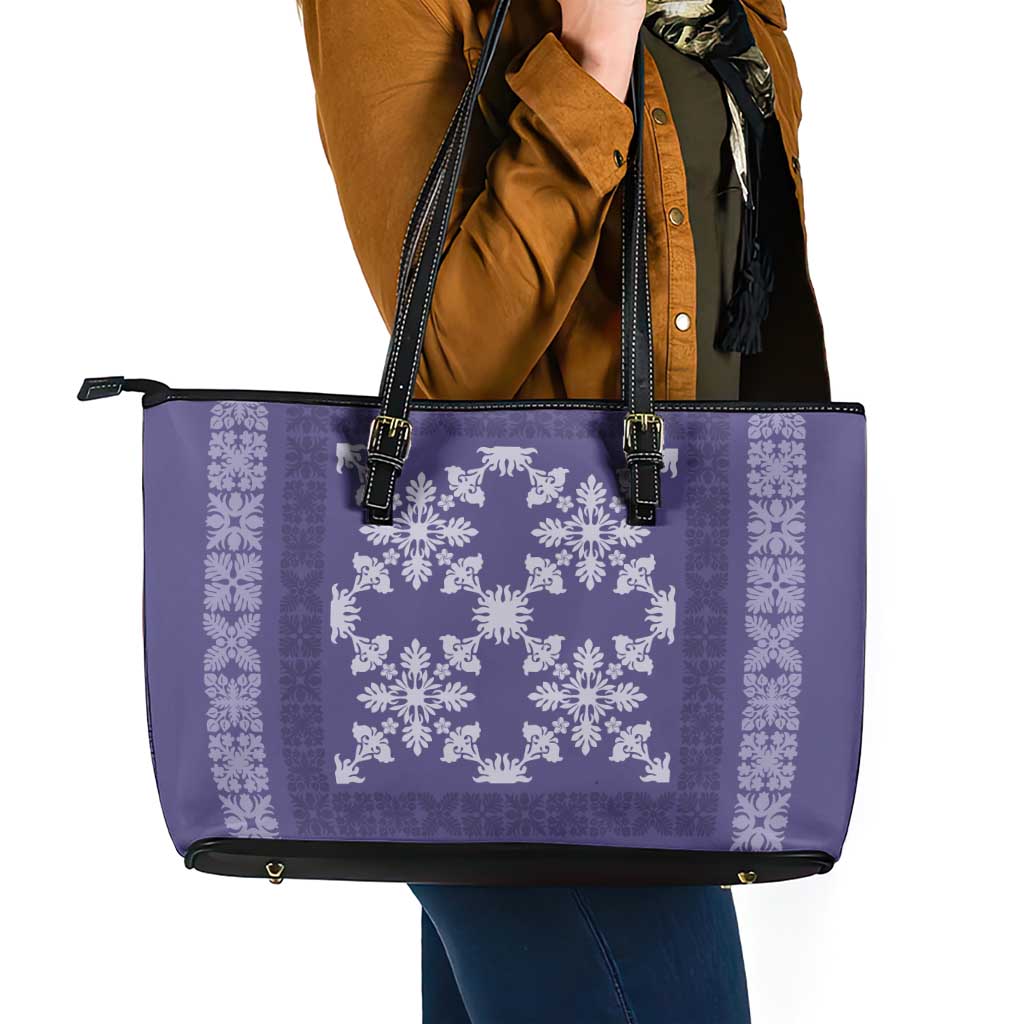 Hawaiian Quilt Pattern Leather Tote Bag Purple Hawaii Culture Tropical - Polynesian Pride