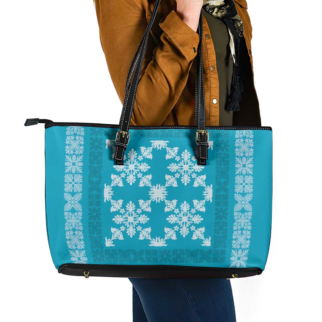Hawaiian Quilt Pattern Leather Tote Bag Teal Hawaii Culture Tropical - Polynesian Pride