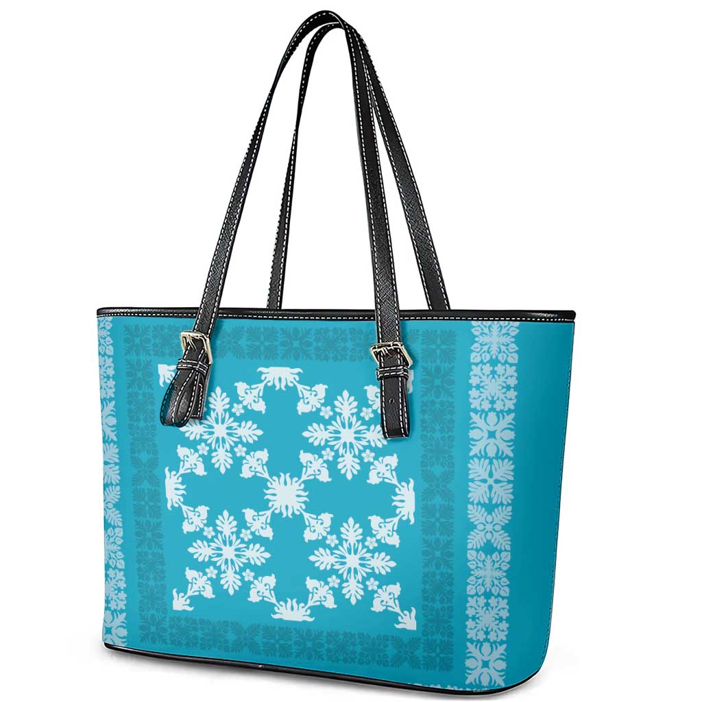 Hawaiian Quilt Pattern Leather Tote Bag Teal Hawaii Culture Tropical - Polynesian Pride
