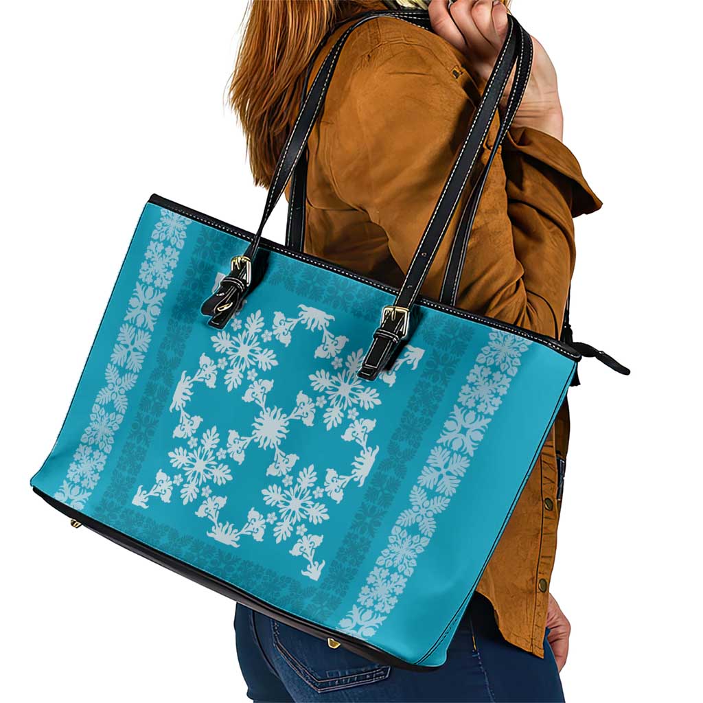 Hawaiian Quilt Pattern Leather Tote Bag Teal Hawaii Culture Tropical - Polynesian Pride