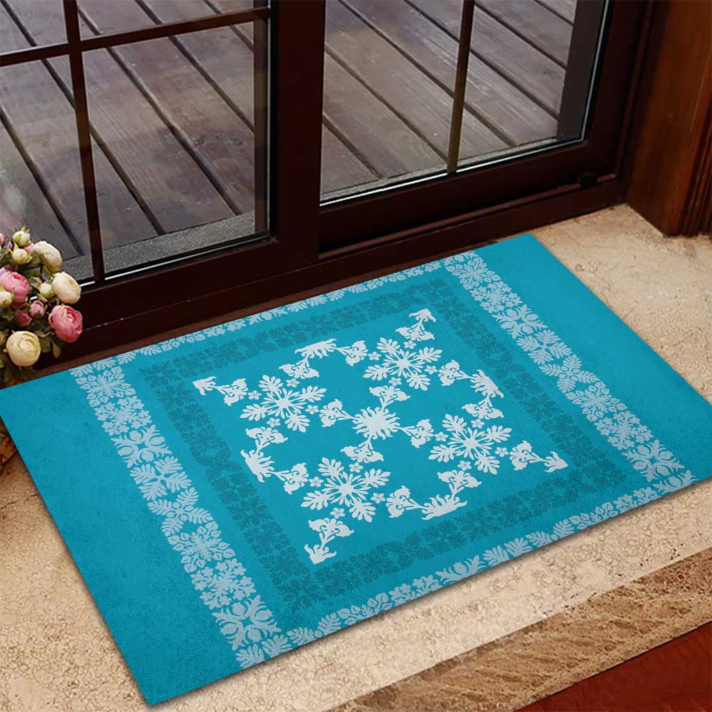 Hawaiian Quilt Pattern Rubber Doormat Teal Hawaii Culture Tropical - Polynesian Pride