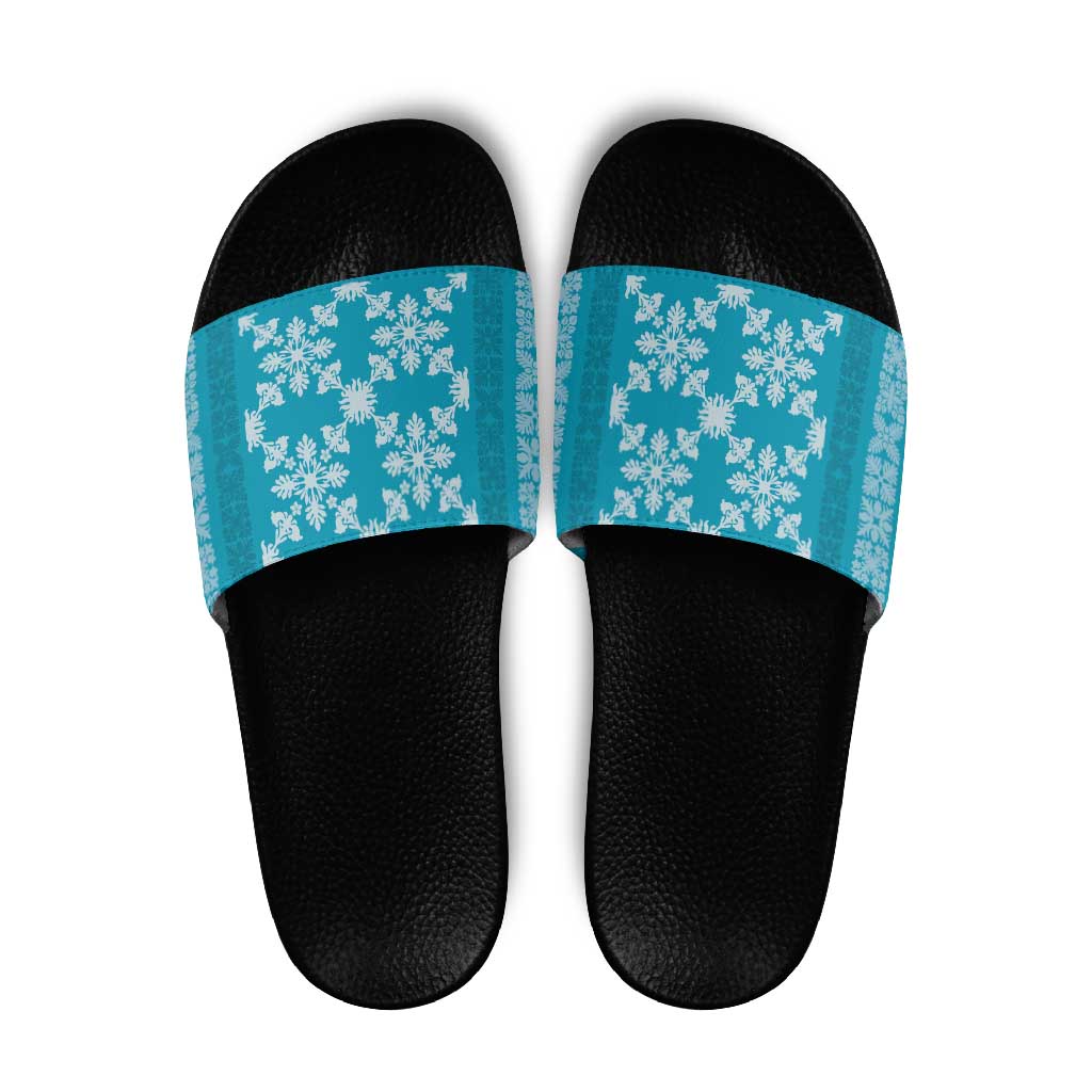 Hawaiian Quilt Pattern Slide Sandals Teal Hawaii Culture Tropical - Polynesian Pride