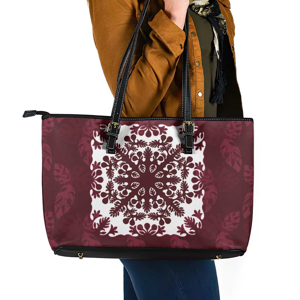 Palm Leaf Quilt Pattern Leather Tote Bag Hawaii Culture Floral - Polynesian Pride