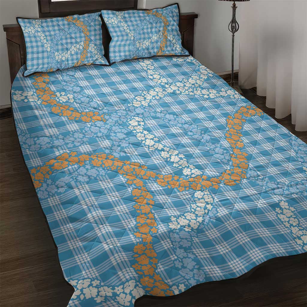 Blue Tropical Floral Palaka Quilt Bed Set Hawaiian Quilt Pattern - Polynesian Pride