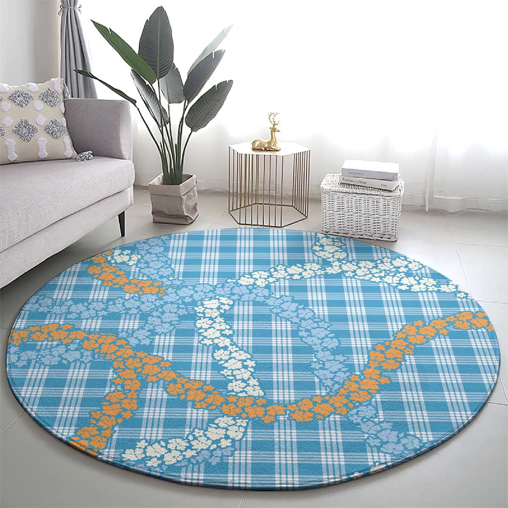 Blue Tropical Floral Palaka Round Carpet Hawaiian Quilt Pattern - Polynesian Pride