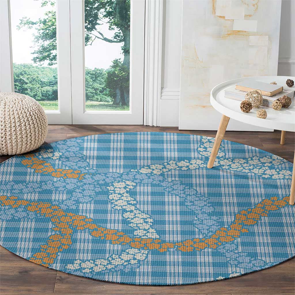 Blue Tropical Floral Palaka Round Carpet Hawaiian Quilt Pattern - Polynesian Pride