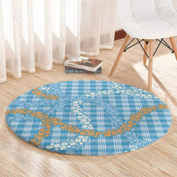 Blue Tropical Floral Palaka Round Carpet Hawaiian Quilt Pattern - Polynesian Pride