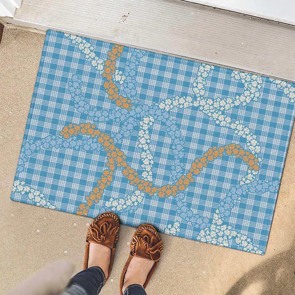 Blue Tropical Floral Palaka Rubber Doormat Hawaiian Quilt Pattern - Polynesian Pride