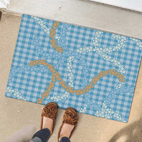 Blue Tropical Floral Palaka Rubber Doormat Hawaiian Quilt Pattern - Polynesian Pride