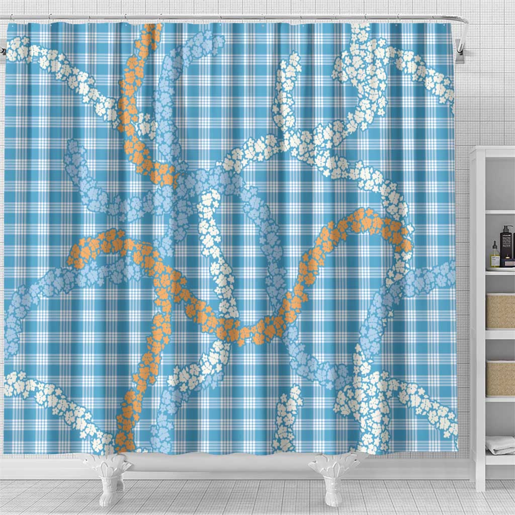 Blue Tropical Floral Palaka Shower Curtain Hawaiian Quilt Pattern - Polynesian Pride