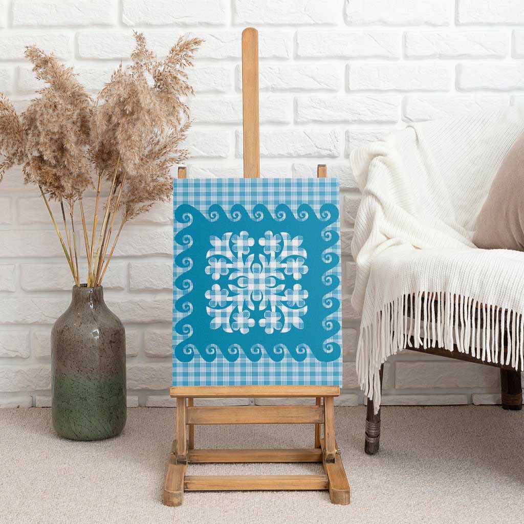 Blue Ulu Palaka Quilt Pattern Canvas Wall Art Hawaii Culture Breadfruit - Polynesian Pride