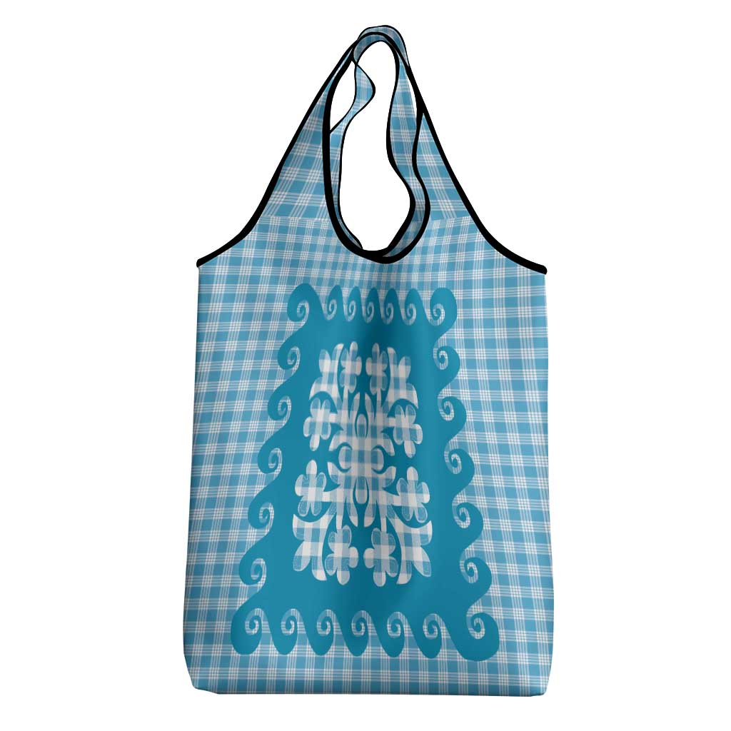 Blue Ulu Palaka Quilt Pattern Grocery Bag Hawaii Culture Breadfruit - Polynesian Pride