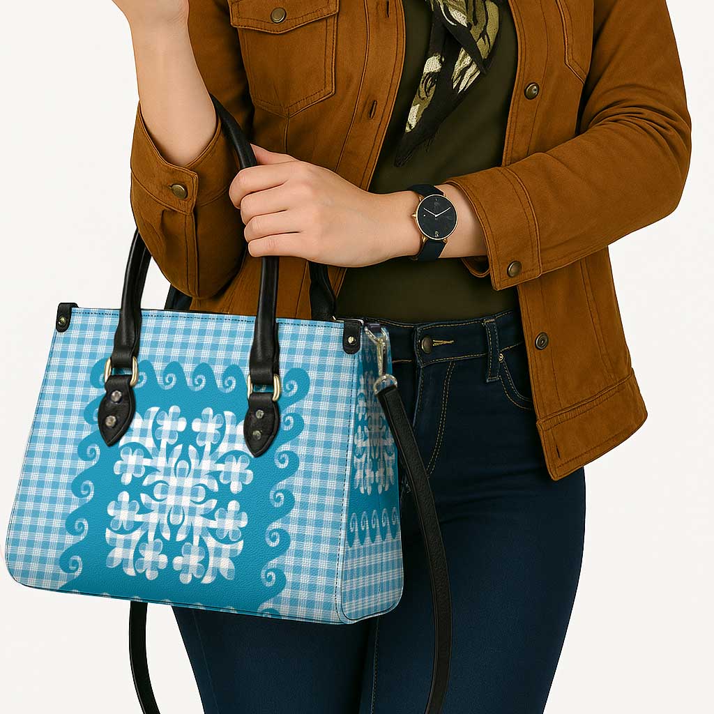 Blue Ulu Palaka Quilt Pattern Leather Bag Hawaii Culture Breadfruit - Polynesian Pride