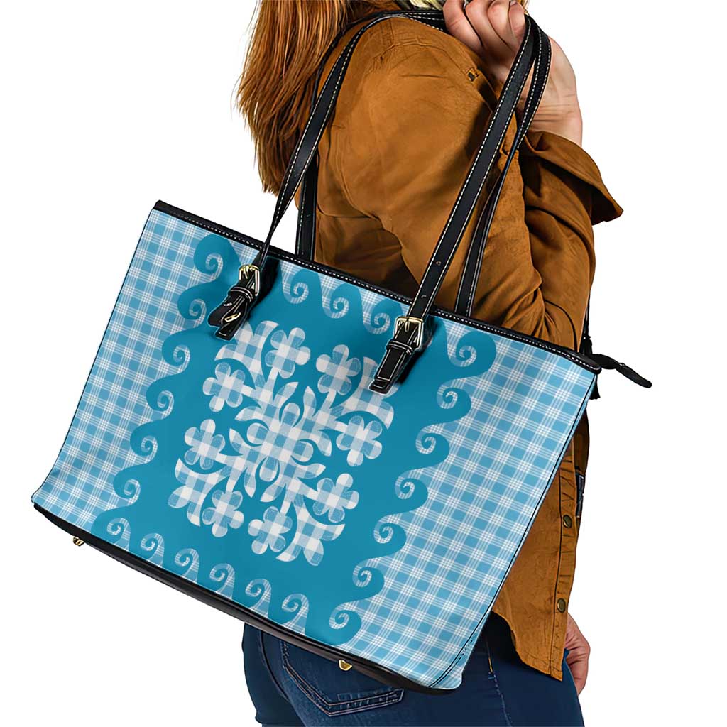 Blue Ulu Palaka Quilt Pattern Leather Tote Bag Hawaii Culture Breadfruit - Polynesian Pride